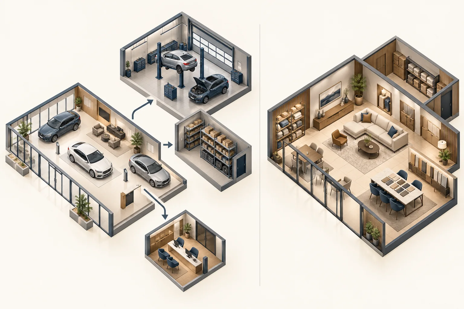 Minh họa phân biệt khu trưng bày ô tô, dịch vụ và phụ tùng với showroom nội thất