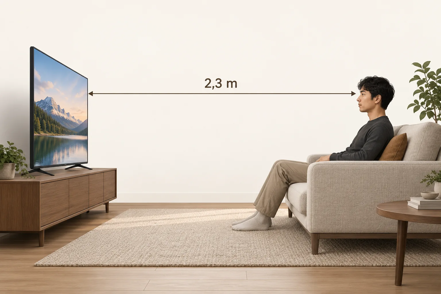 Người ngồi sofa nhìn tivi với đường minh họa khoảng mắt đến mặt màn hình