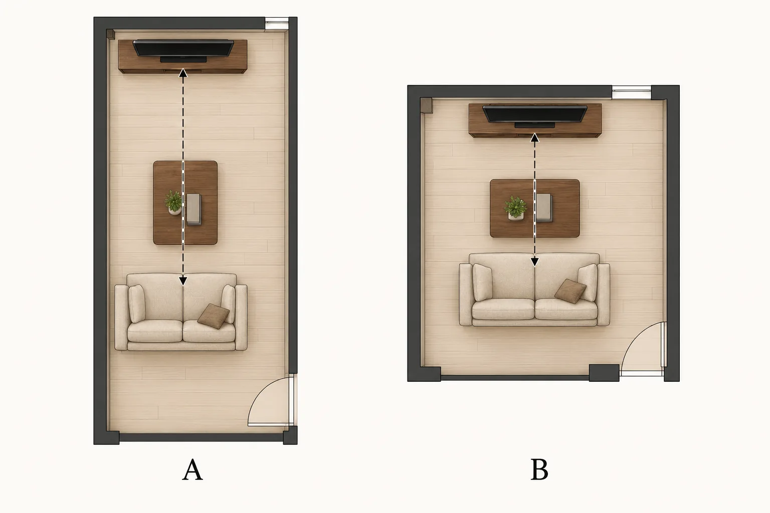 Sơ đồ hai phòng có hình dáng khác nhau với sofa đối diện tivi